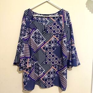 Zac & Rachel Woman 2X Purple Multicolor Geometric 3/4 Bell Sleeve Blouse Artsy